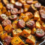 easy recipe mixes savory sausage, roasted sweet potatoes